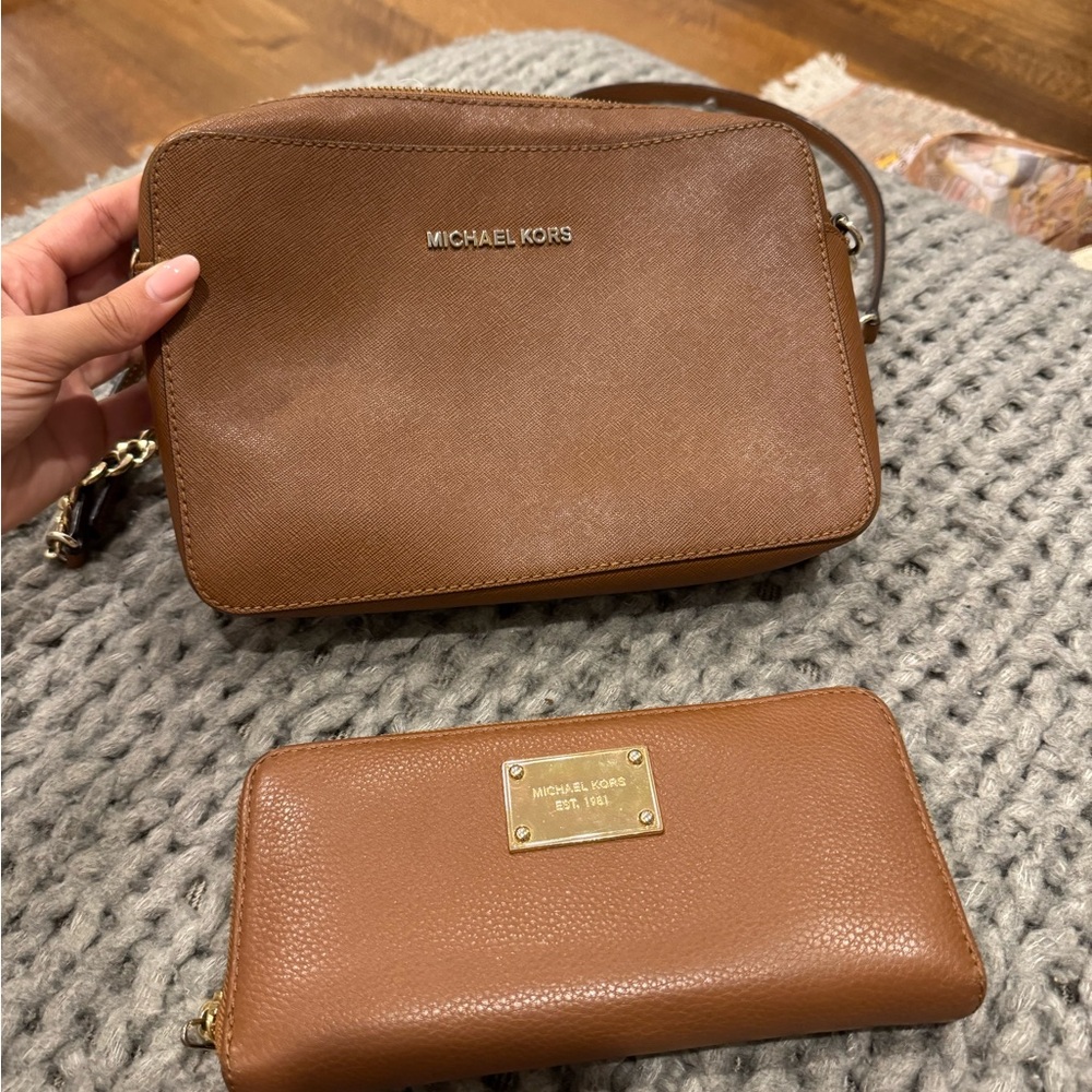 Michael Kors Leather Jet Set East West Crossbody and free matching wallet